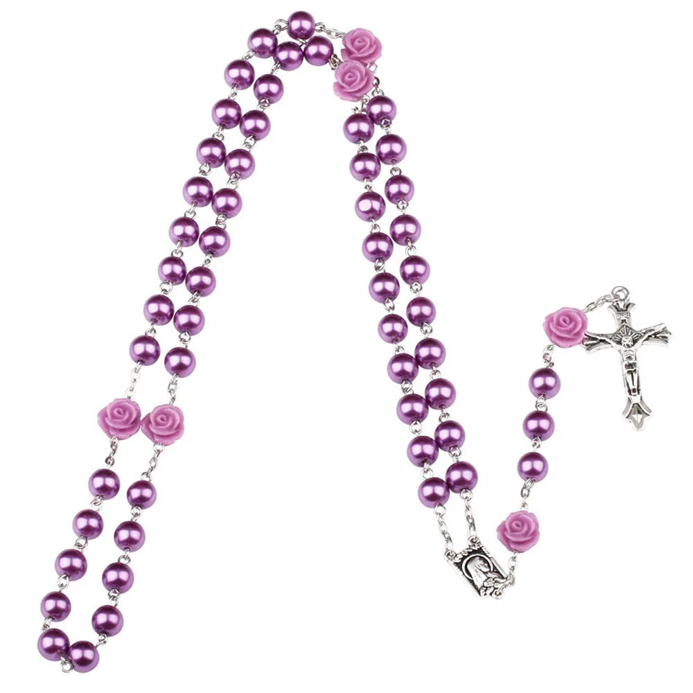 6MM Pink Rosary Necklace For Women Rose Glass Beads Chain Crucifix Cross INRI Pendant Men Religious Prayer Long Jewelry