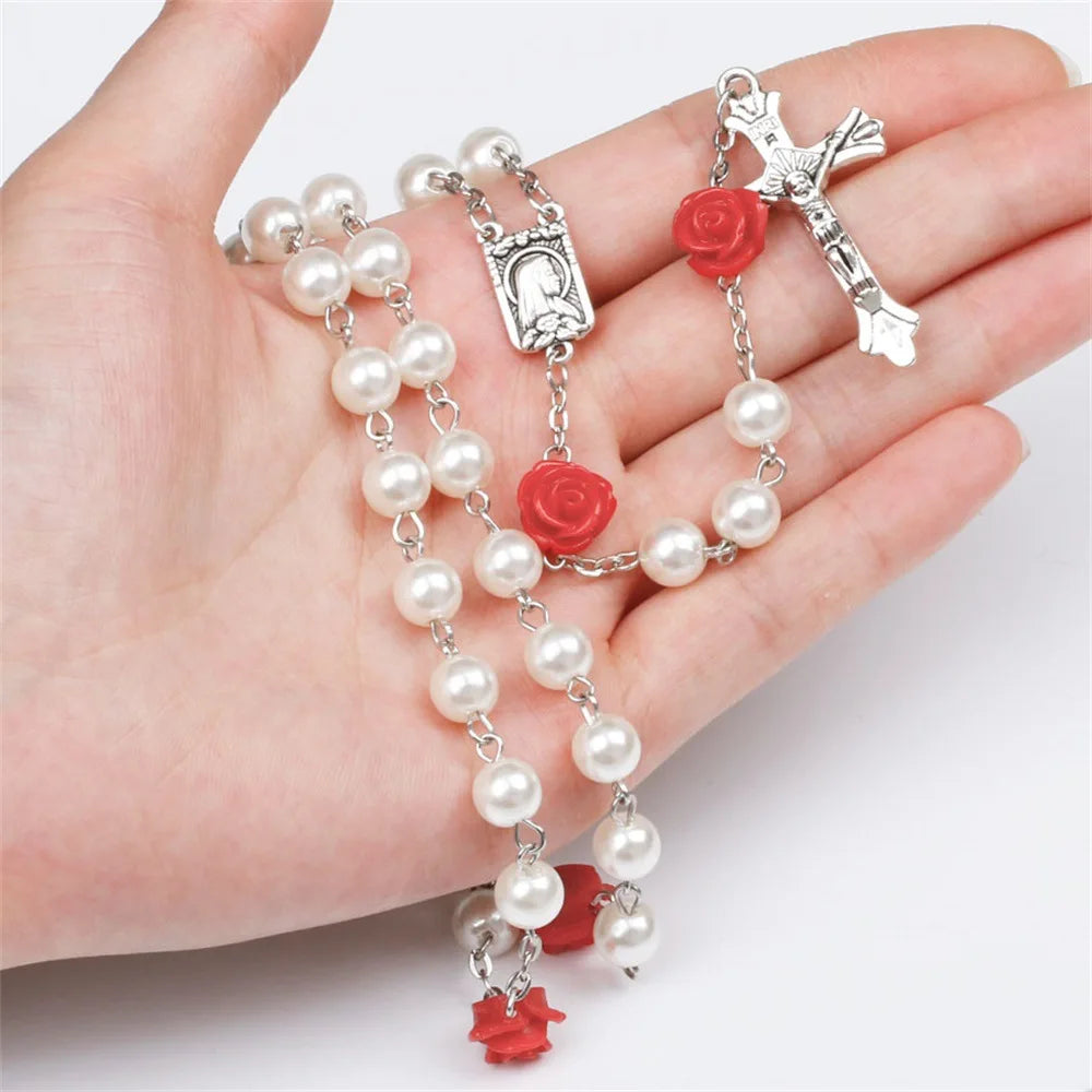 6MM Pink Rosary Necklace For Women Rose Glass Beads Chain Crucifix Cross INRI Pendant Men Religious Prayer Long Jewelry