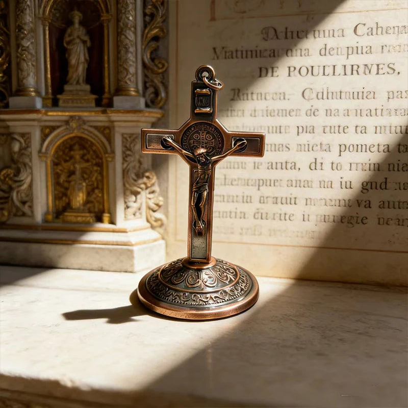 New Traditional Catholic Standing Cross St. Benedict Medal Inlay with Crucifix Premium Devotional Altar Decor for Church & Home
