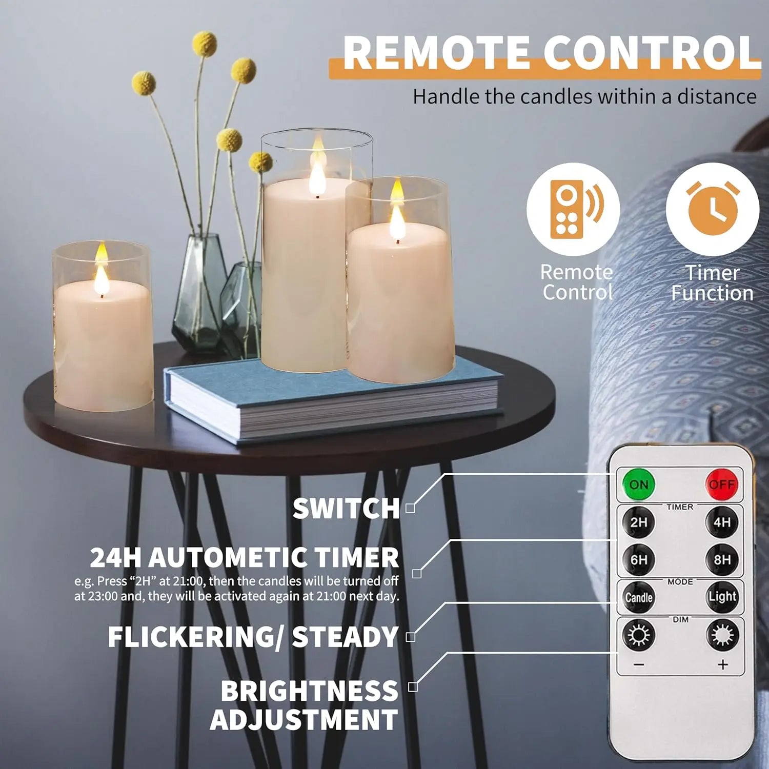 LED Flameless Candles with Remote Timer Realistic Flickering Flame Acrylic Candle Battery Powered for Christmas Wedding Decor