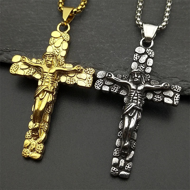 Stainless Steel Christian Jesus Crucifix Cross Pendants Necklaces for Men Women Gold Color Chain Amulet Jewelry