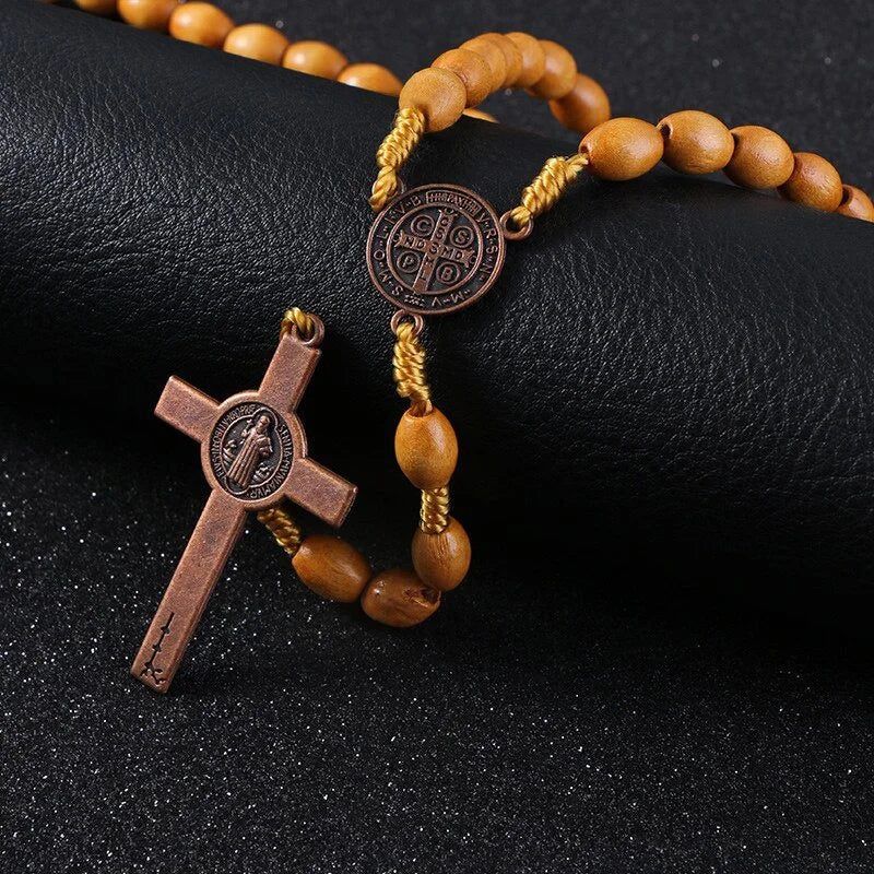 Handmade Weave Saint Benedict Medal Antique Wooden Rosary Cross Car Ornament Vintage Catholic Religious Jesus Auto Decor