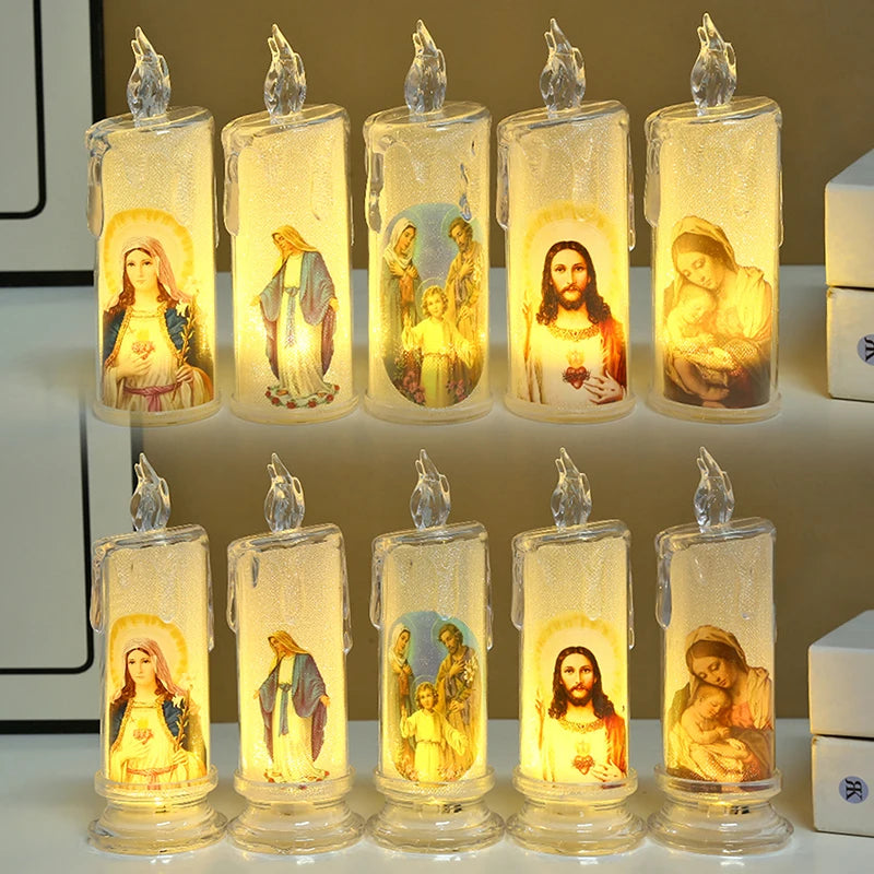 Jesus Virgin Christ Candle Lamp Romantic Flameless LED Prayer Candle Tea Light Religious Decorative Night Light Desktop Ornament