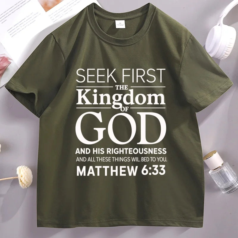 Christian Men T Shirt Bible Verse T-Shirt Christian Merch Cross Jesus Seek First The Kingdom Tshirt Casual Round Neck Clothes