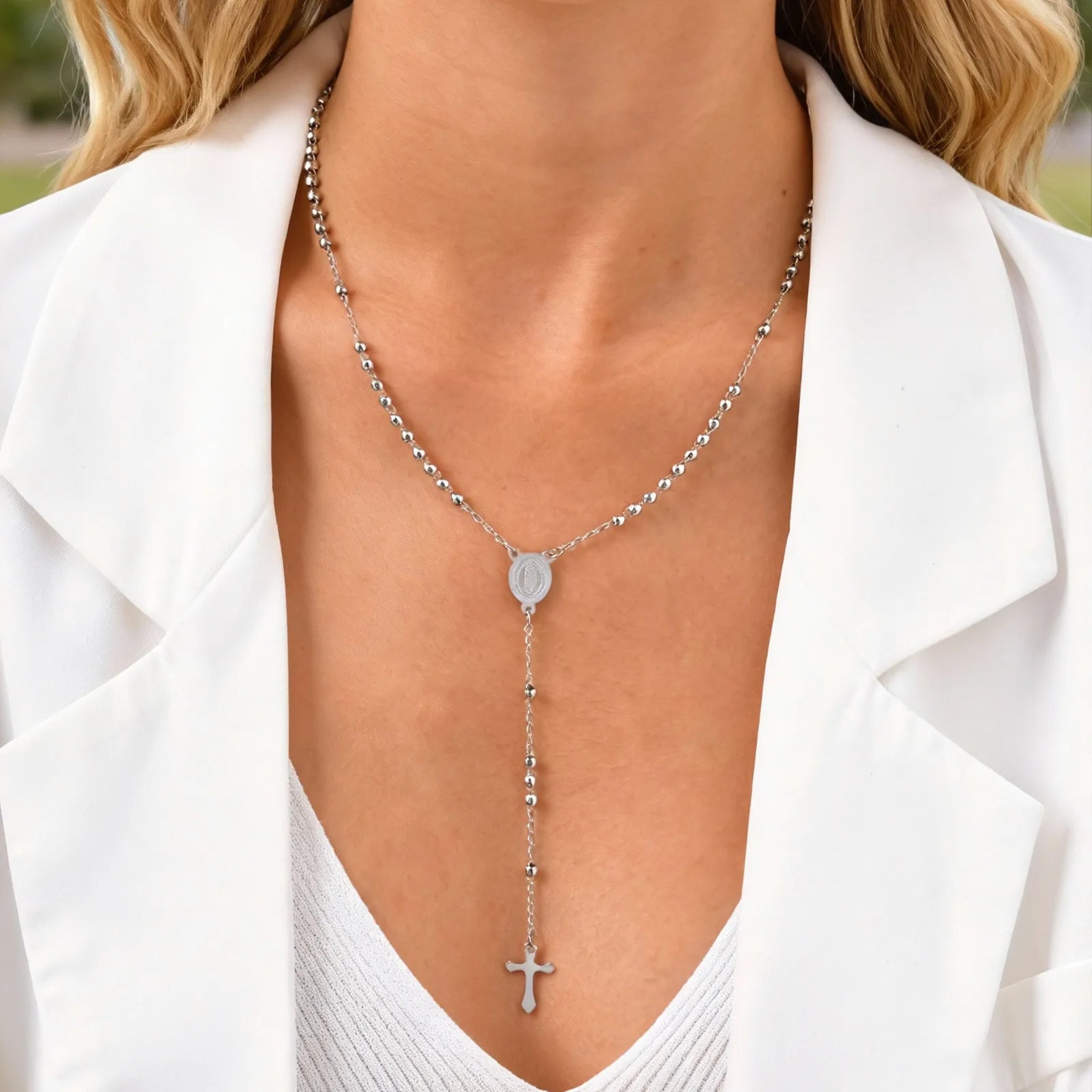 Rosary Virgin Cross Drop Y-shaped Necklace for Women,Stainless Steel Link Bead Chain Prayer Necklaces,Mary Jewelry Gift