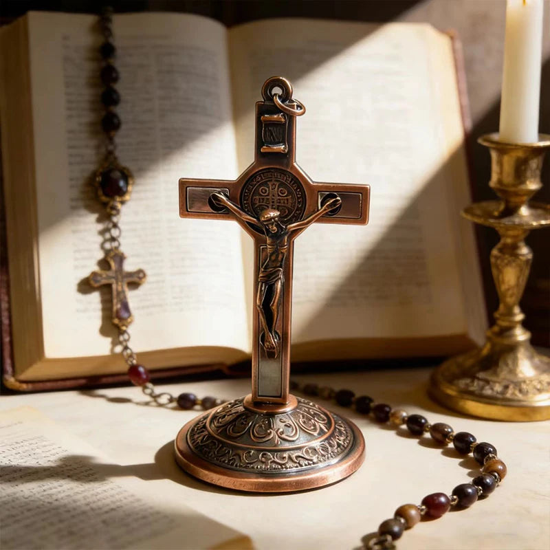 New Traditional Catholic Standing Cross St. Benedict Medal Inlay with Crucifix Premium Devotional Altar Decor for Church & Home