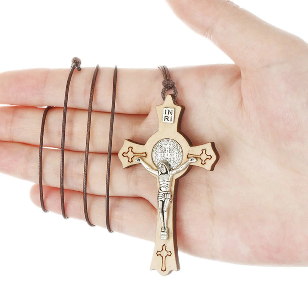 Natural Wood Saint Benedict Crucifix Cross Pendant Necklace Adjustable Leather Rope Chains CSPB INRI Jewelry