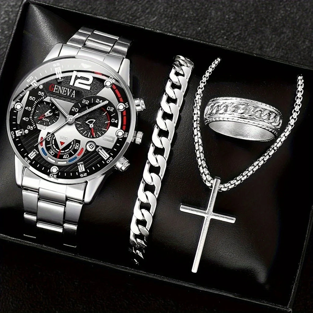 4pc  A fashionable men's watch set, paired with a cross necklace, ring, and bracelet, is the perfect gift for Valentine's Day.