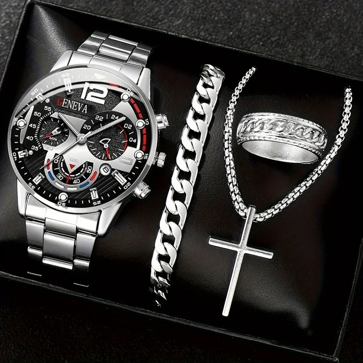 4pc  A fashionable men's watch set, paired with a cross necklace, ring, and bracelet, is the perfect gift for Valentine's Day.
