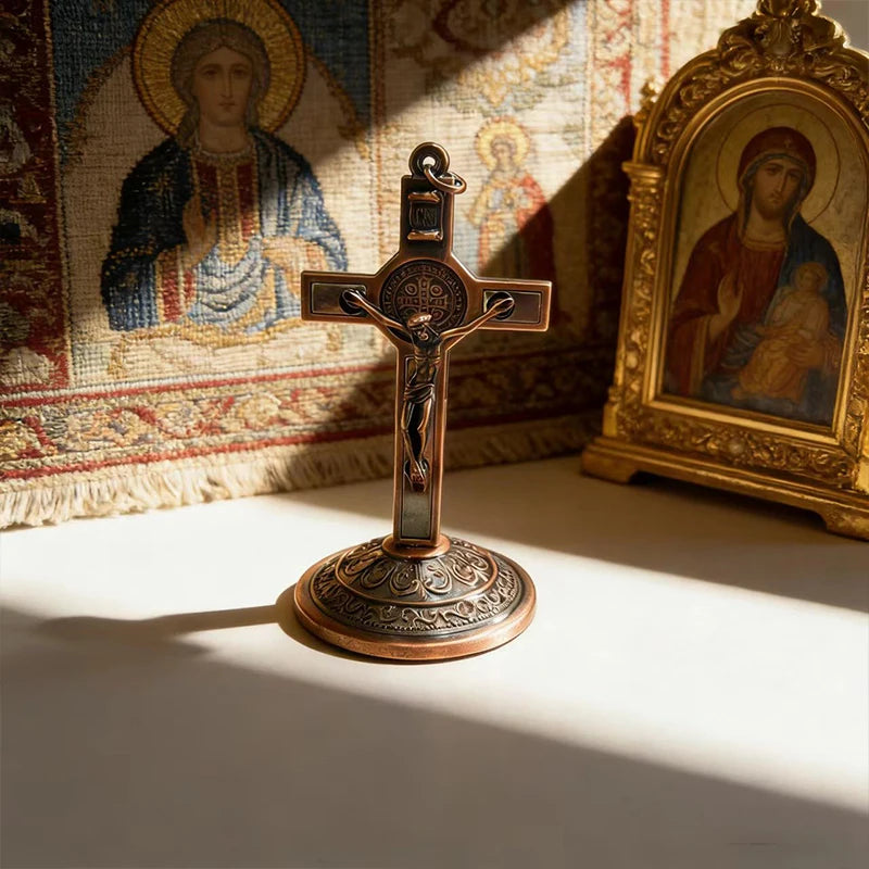 New Traditional Catholic Standing Cross St. Benedict Medal Inlay with Crucifix Premium Devotional Altar Decor for Church & Home