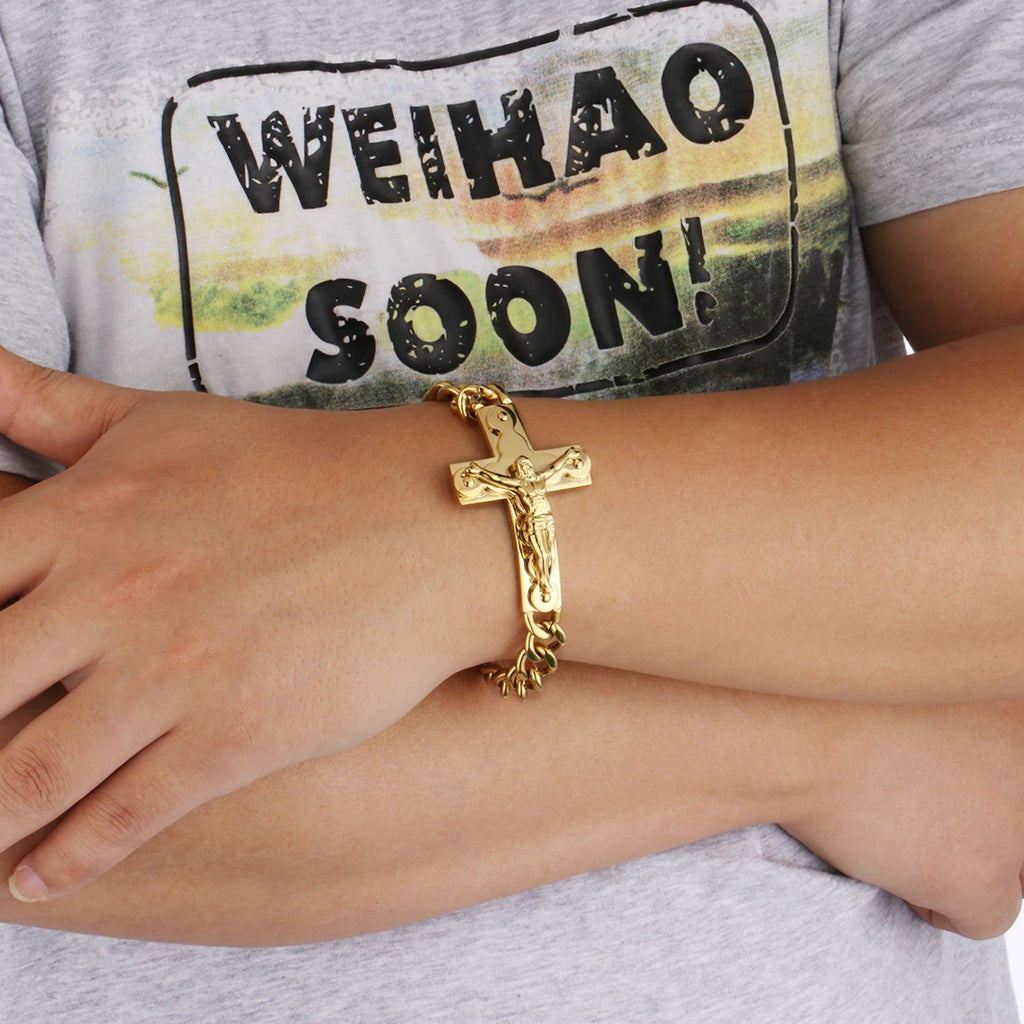 Crucifix Jesus Cross Charm Bracelets Stainless Steel Cuff Bracelets for Men Metal Cuban Hand Chain Religious Male Punk Jewelry