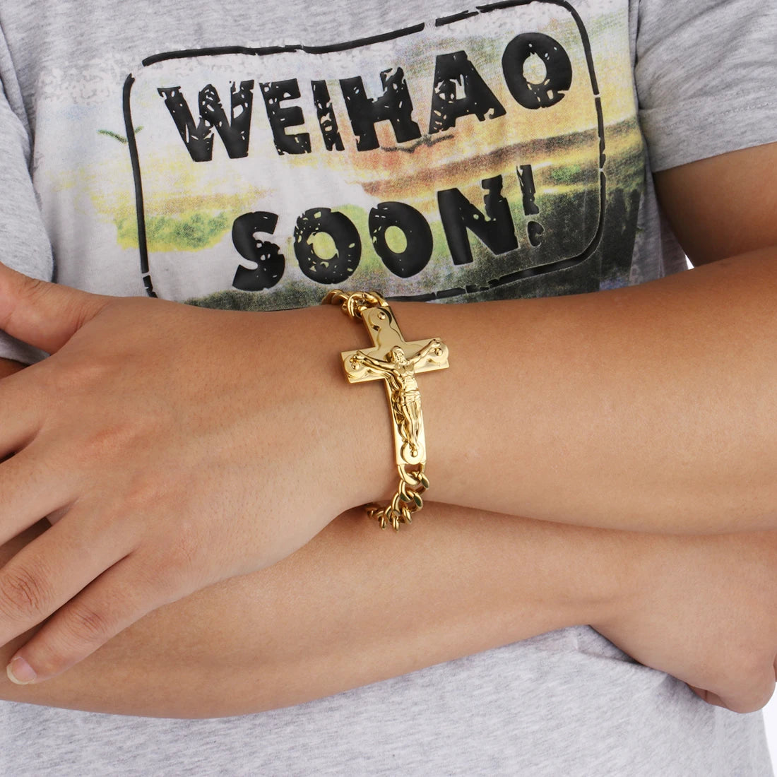 Crucifix Jesus Cross Charm Bracelets Stainless Steel Cuff Bracelets for Men Metal Cuban Hand Chain Religious Male Punk Jewelry