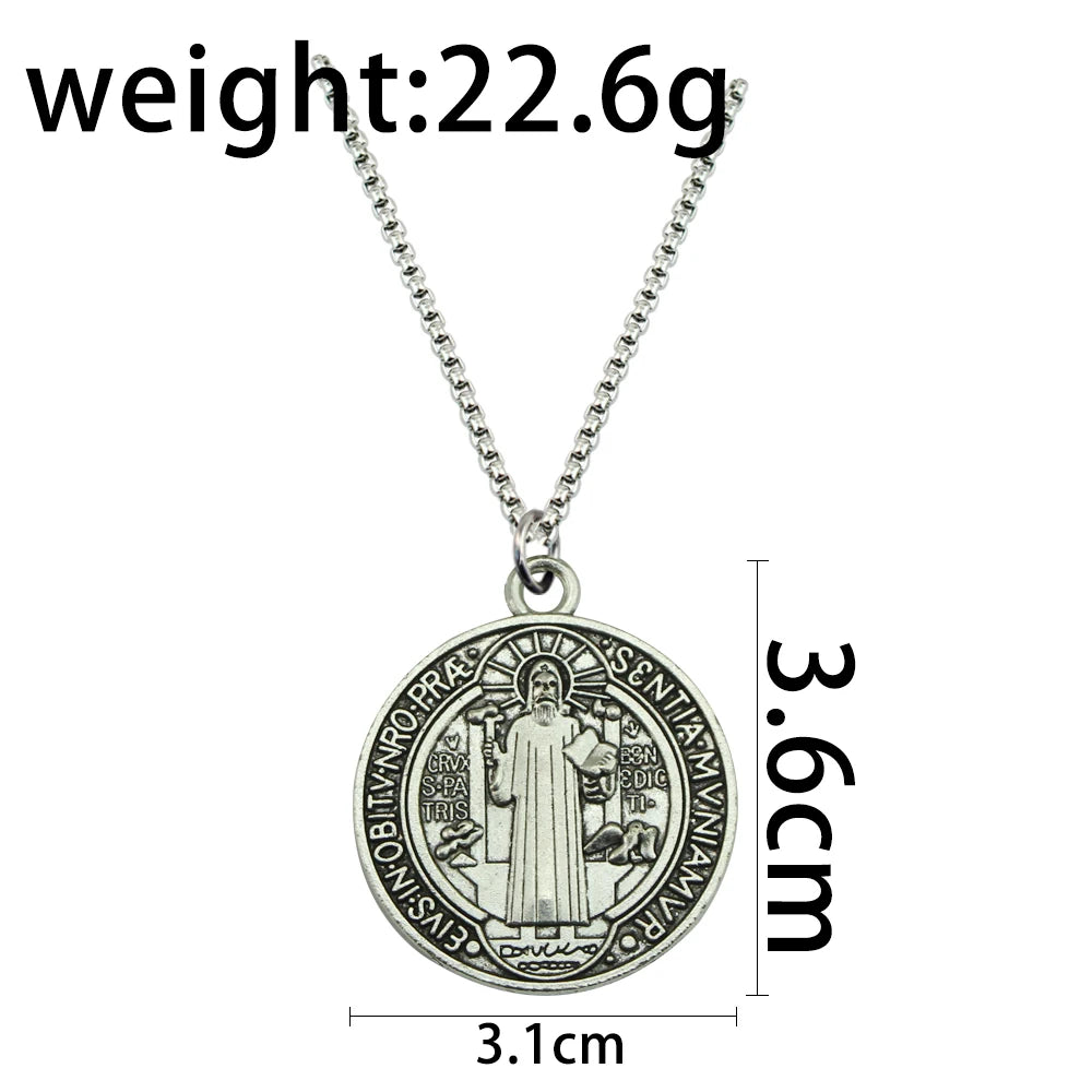 Classic Saint Benedict Medal Pendant Necklace Women Men Stainless Steel Bible Cross Necklace Christian Religious Jewelry