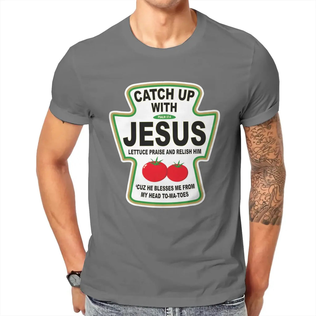 Christian Catch Up With Jesus Ketchup Men's T Shirt Christ Religion Casual Tee Shirt T-Shirts 100% Cotton Printed Tops