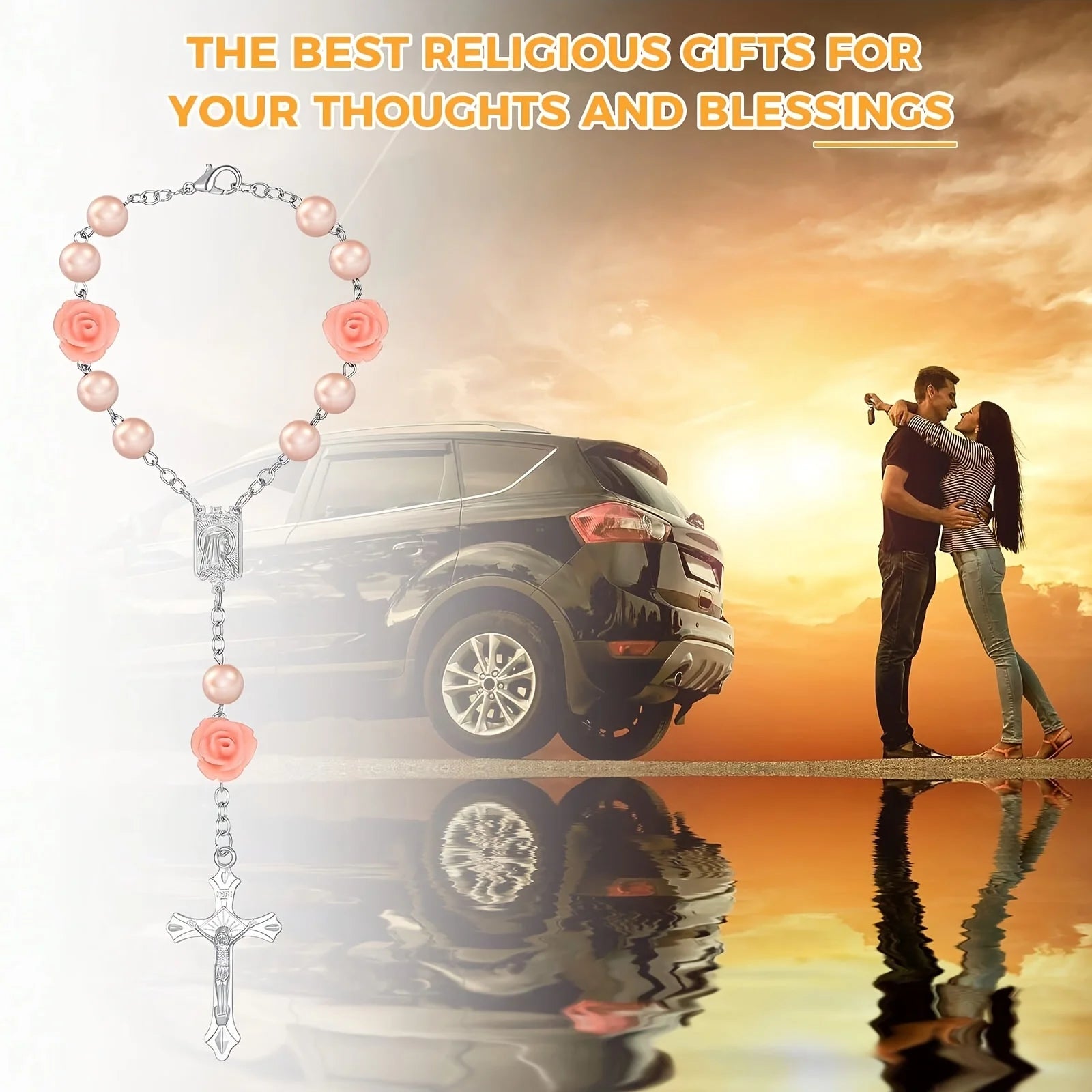1pc ABS Car Rosary with Mirror, Rearview Mirror Beads, Rose Medal, Catholic Prayer Beads, Interior Decor, Cross Hanging Accessor