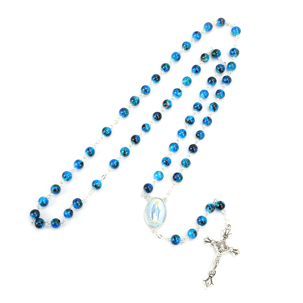 Catholic Rosary Small Size Round Blue Glass Beads Virgin Mary Jesus Necklace
