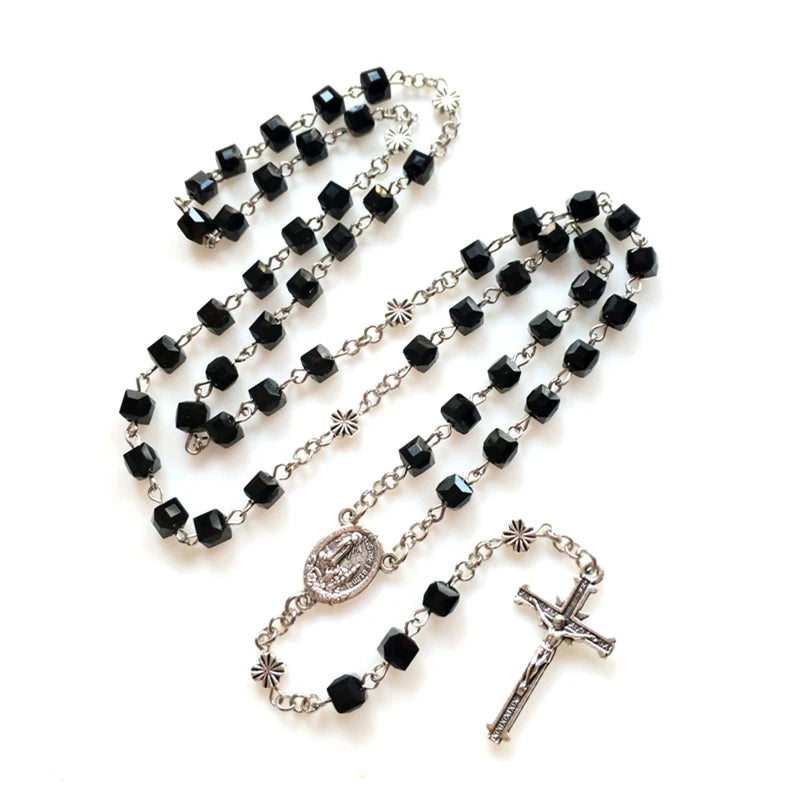 Rosary Glass Beads Catholic Necklace with Jesus Crucifix for Cross, First Communion Gifts, Confirmation Gifts for Te