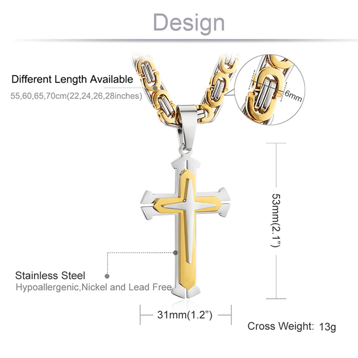 Three Layers Knight Cross Pendants Necklace for Men Stainless Steel Byzantine Link Chain Necklace Male Punk Jewelry Gift