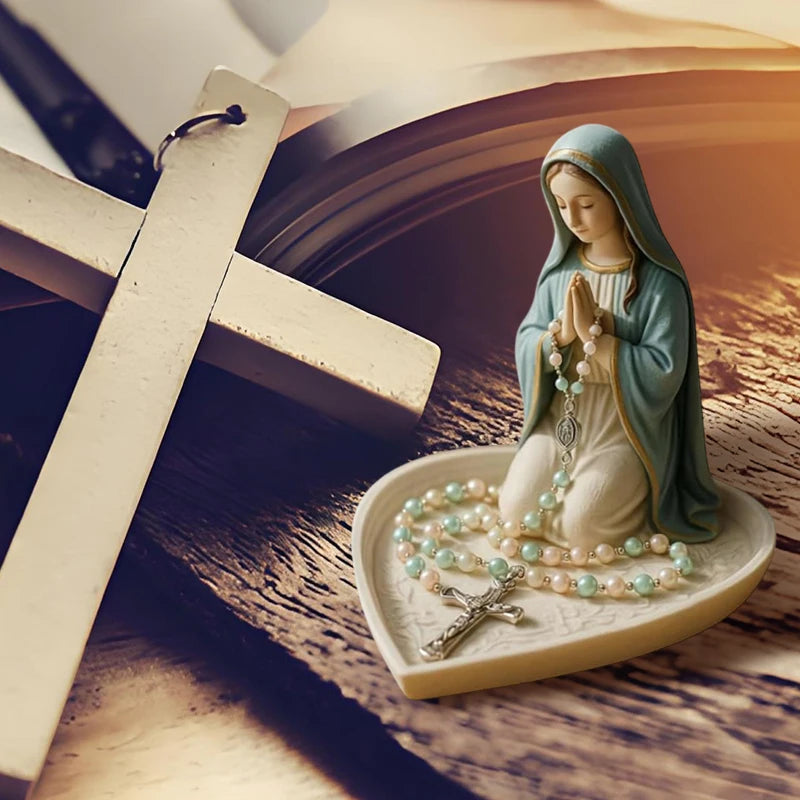 Virgin Mary Rosary Holder,Elegant Our Lady Prayer Rosary Box Religious Gift Catholic Gift, Mary And Jesus Heart Statue Tray