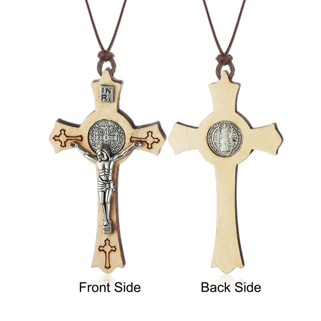 Natural Wood Saint Benedict Crucifix Cross Pendant Necklace Adjustable Leather Rope Chains CSPB INRI Jewelry