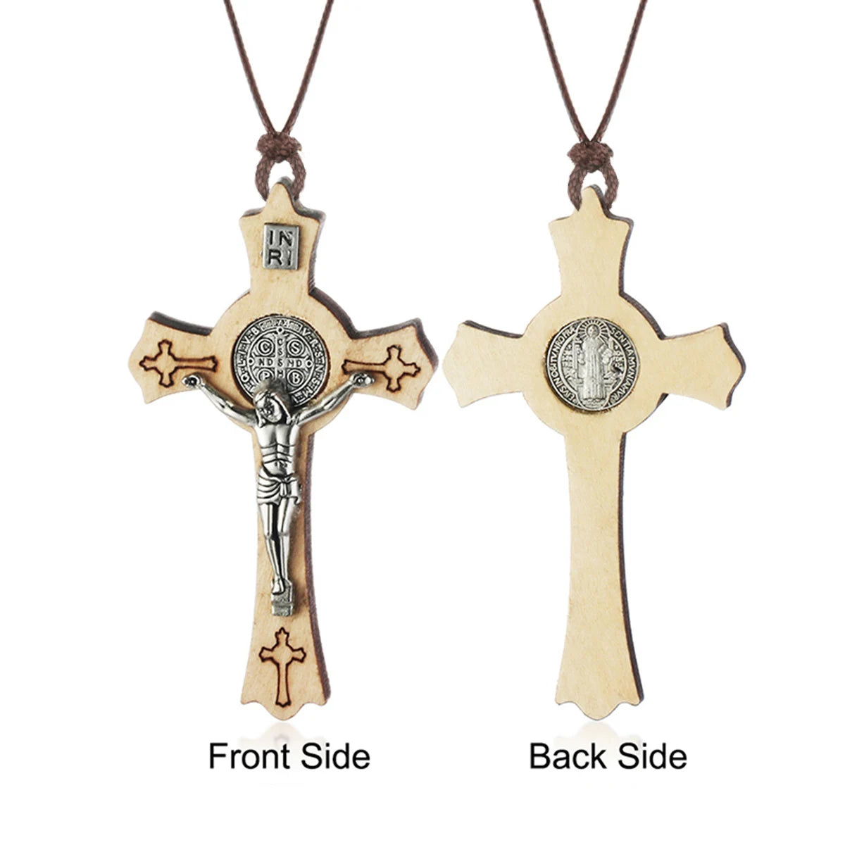 Natural Wood Saint Benedict Crucifix Cross Pendant Necklace Adjustable Leather Rope Chains CSPB INRI Jewelry