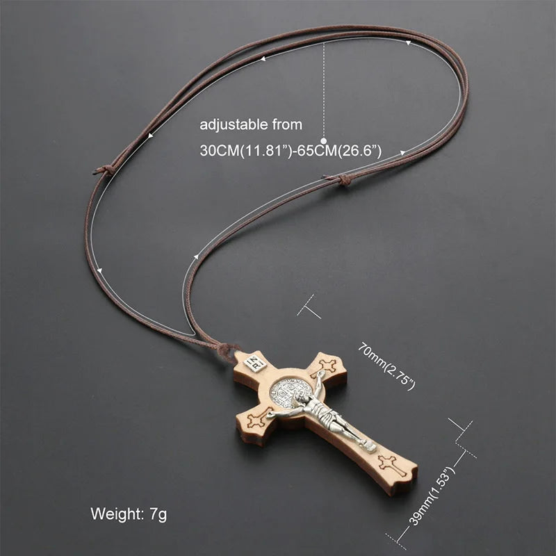 Natural Wood Saint Benedict Crucifix Cross Pendant Necklace Adjustable Leather Rope Chains CSPB INRI Jewelry