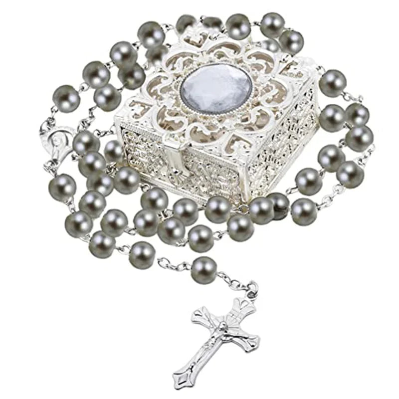 Rosary Beads Catholic Necklace Mary for Men Women Kids First Communion Long Rosary Cross Pendant Necklaces Metal Gift Box New