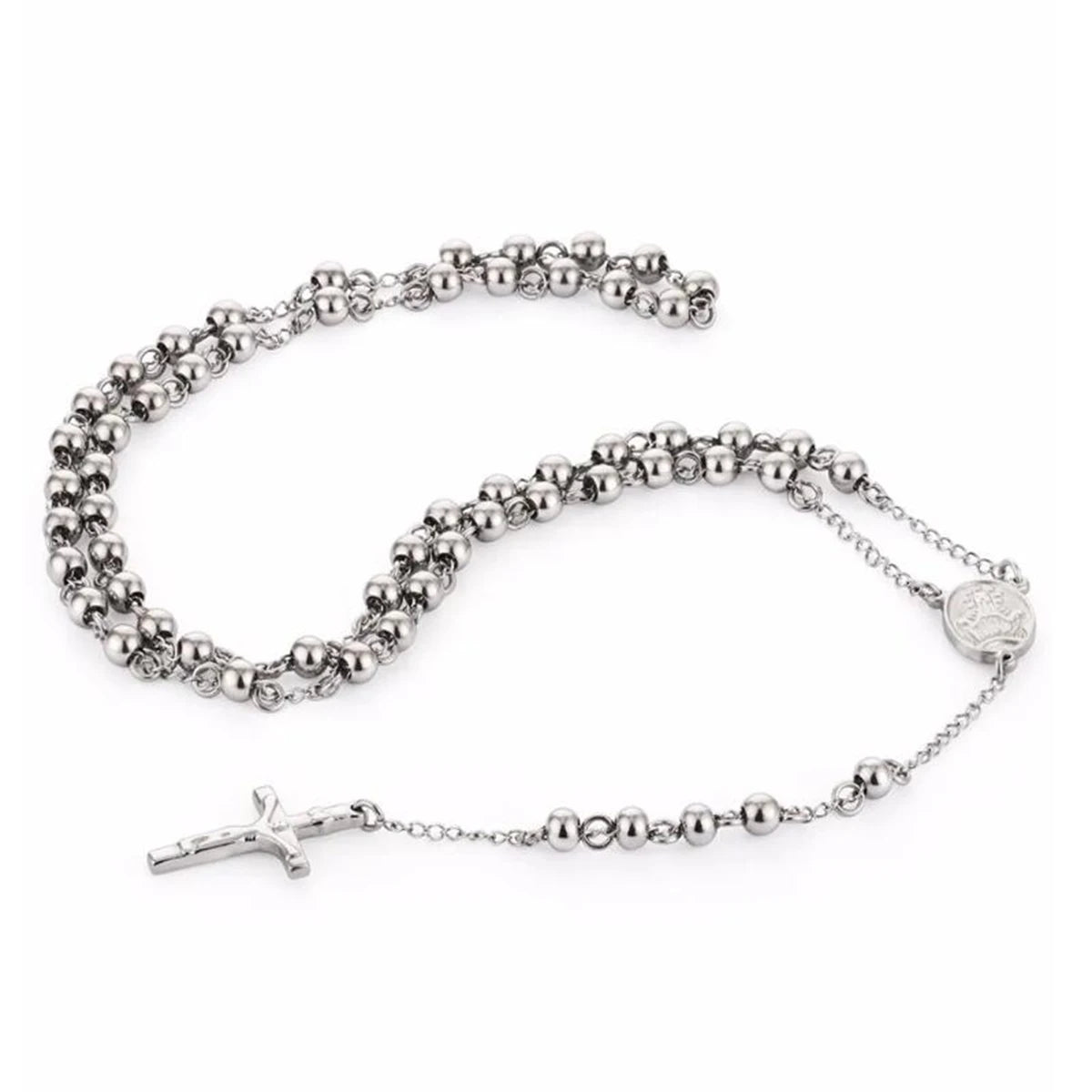 Stainless Steel Rosary Beads Crucifix Jesus Pendant Necklace Catholic Medalla Milagrosa Medal Center Necklace Women Men Jewelry