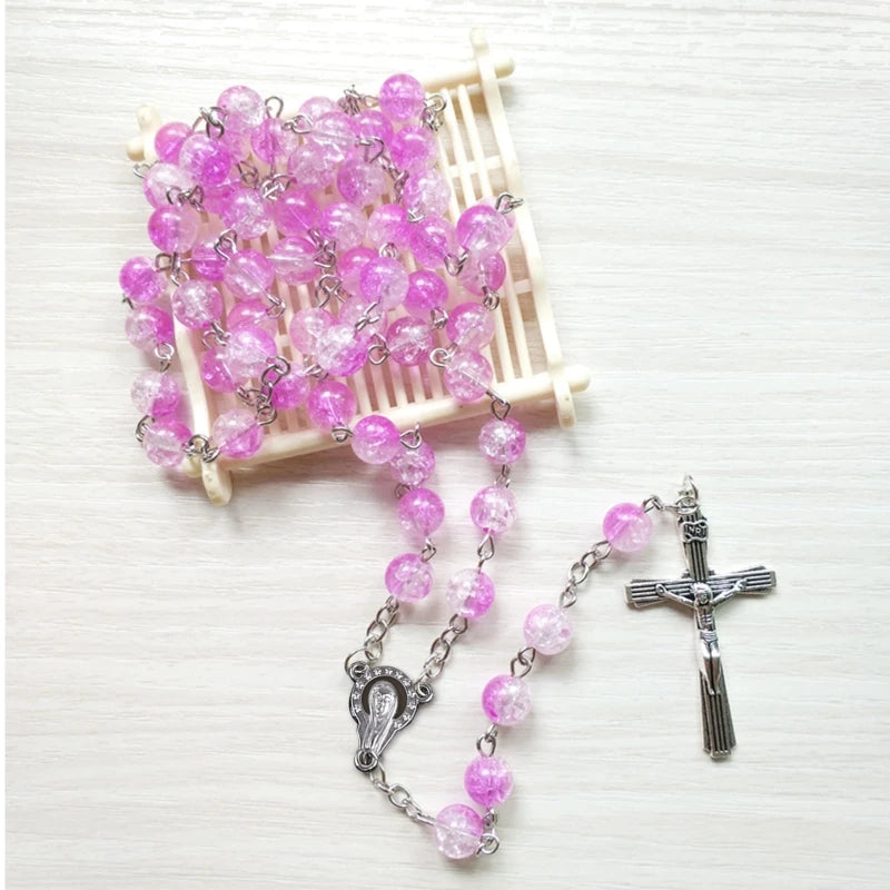Rosary Glass Beads Catholic Necklace with Jesus Crucifix for Cross, First Communion Gifts, Confirmation Gifts for Te