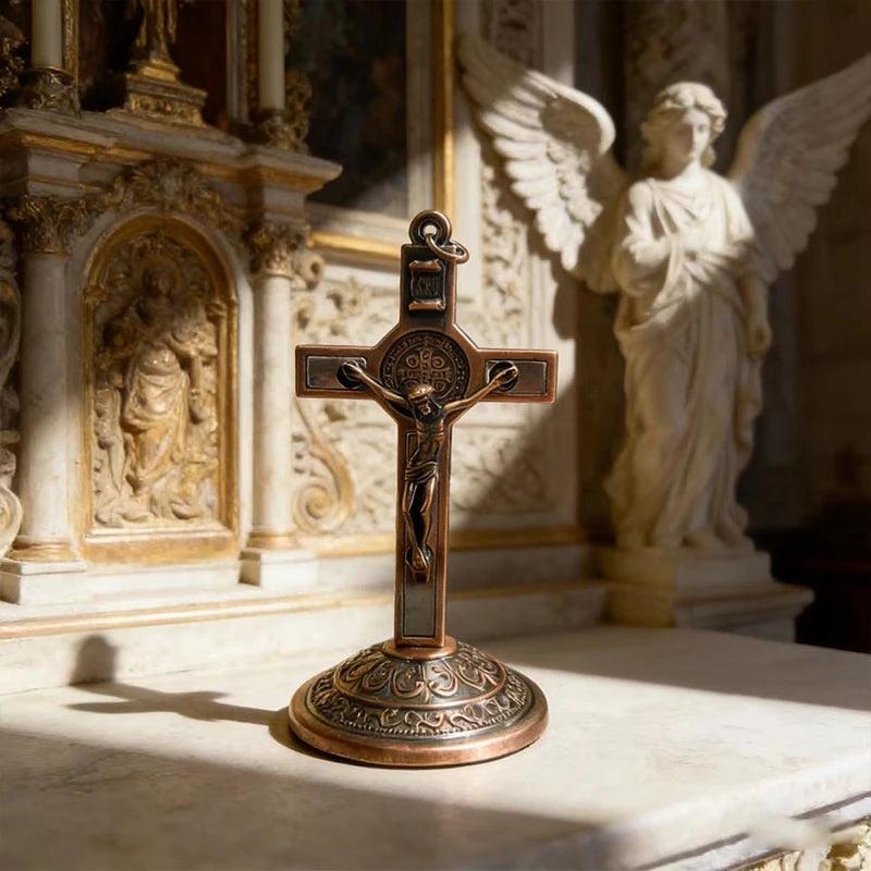 New Traditional Catholic Standing Cross St. Benedict Medal Inlay with Crucifix Premium Devotional Altar Decor for Church & Home