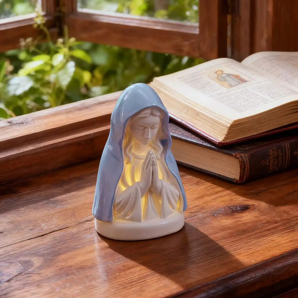 Virgin Mary Prayer Statue with Light, Christian Prayer Lamp for Home Christian Decor, Hand Painted Blessed Virgin Mary Statue