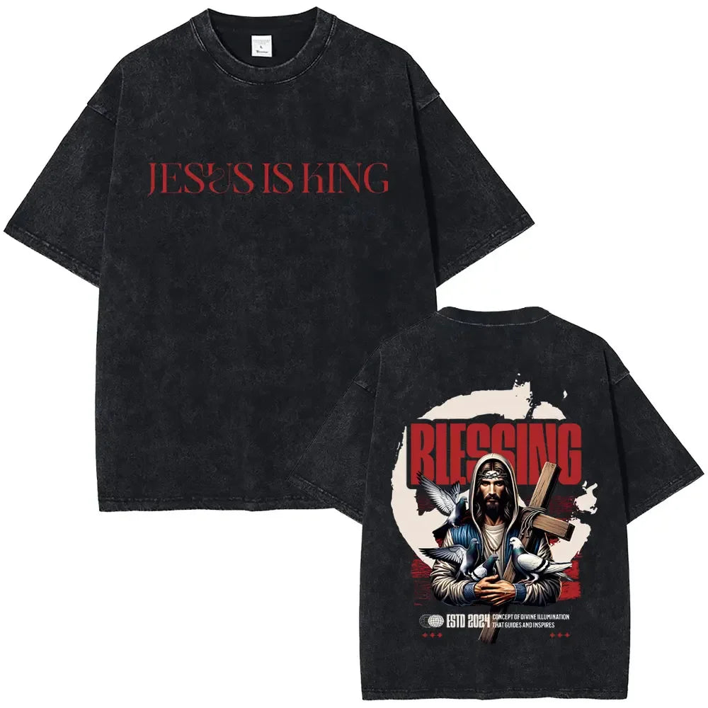 2026 Spring summer Vintage Christian Jesus Blessing From God Graphic T-shirt Men Women Clothing Fashion Casual  Crewneck T Shirt