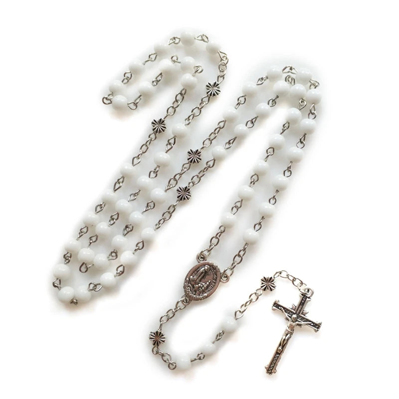 Rosary Glass Beads Catholic Necklace with Jesus Crucifix for Cross, First Communion Gifts, Confirmation Gifts for Te