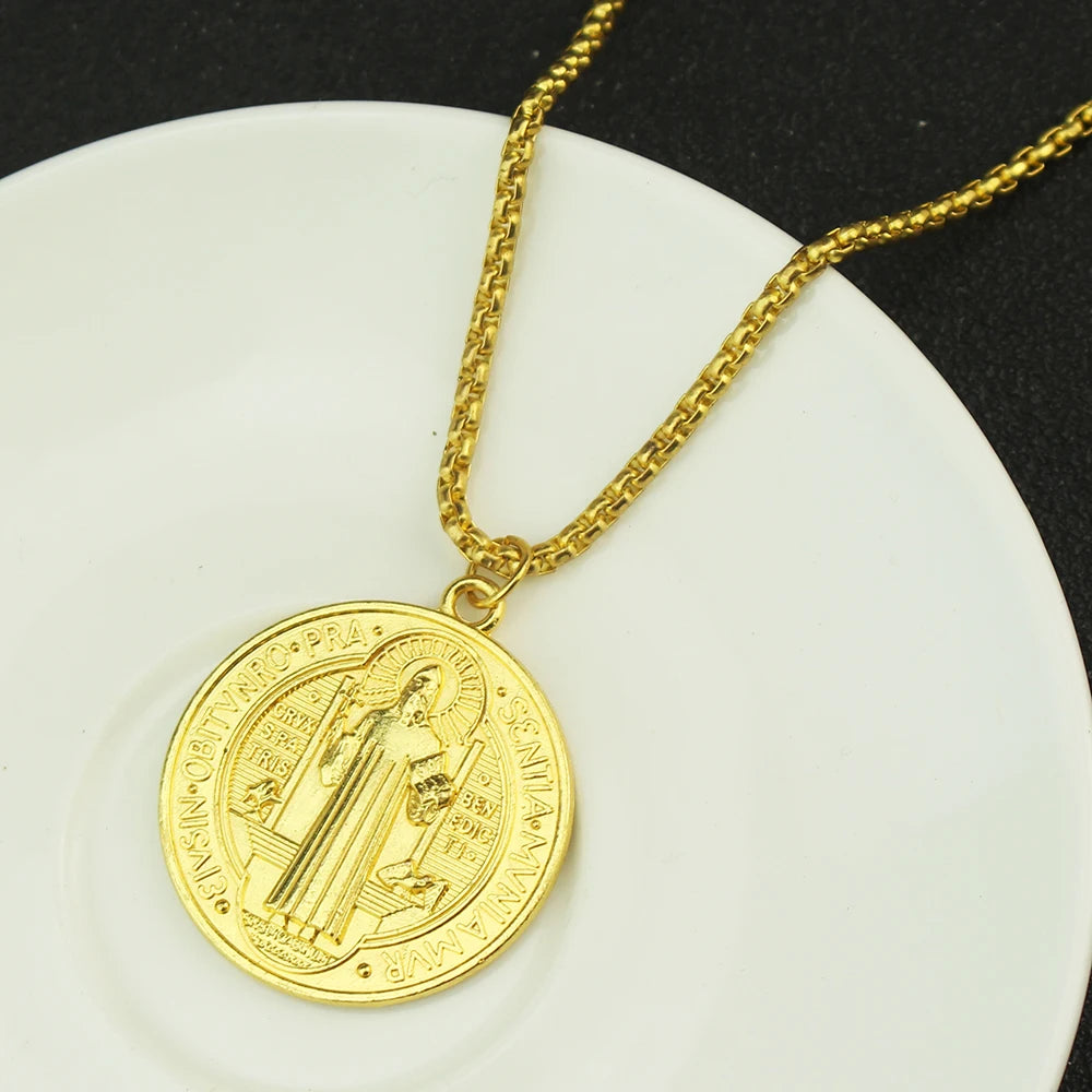 Classic Saint Benedict Medal Pendant Necklace Women Men Stainless Steel Bible Cross Necklace Christian Religious Jewelry