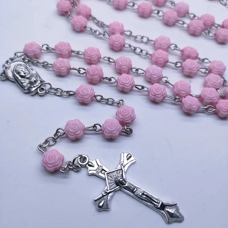 First Communion Rosary Set for Girls with Pink Rose Shaped Bead Pendant Necklace for Girls Catholic Gifts