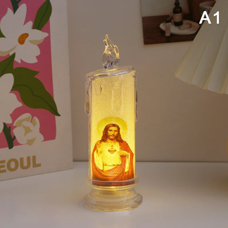 Jesus Virgin Christ Candle Lamp Romantic Flameless LED Prayer Candle Tea Light Religious Decorative Night Light Desktop Ornament