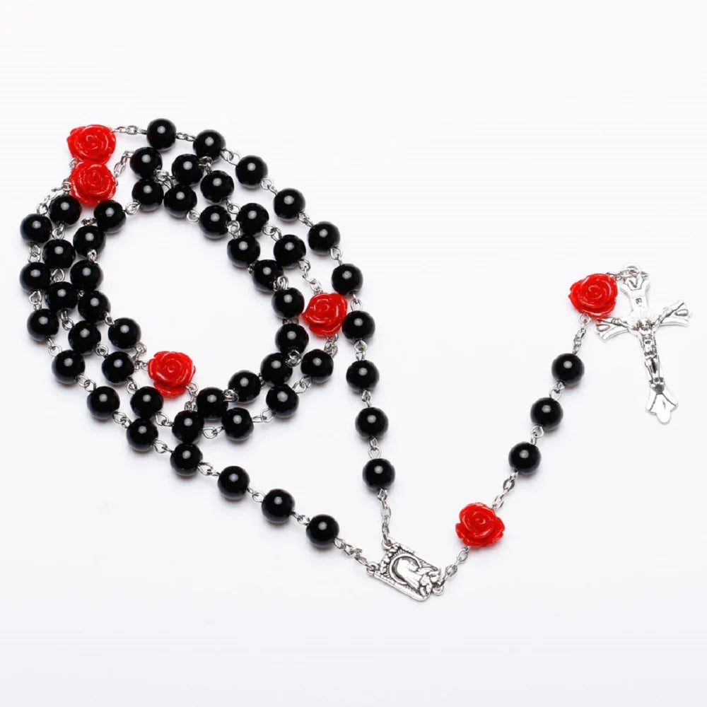 6MM Pink Rosary Necklace For Women Rose Glass Beads Chain Crucifix Cross INRI Pendant Men Religious Prayer Long Jewelry