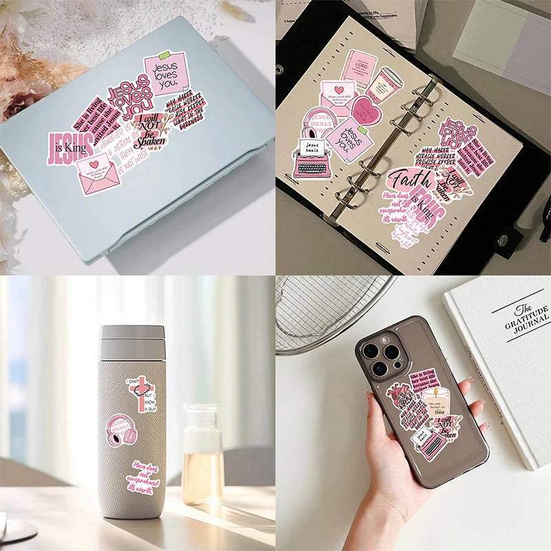 50PCS Pink Bible Verse Stickers Christian Faith Inspirational Religious Decals for Laptop Water Bottle Scripture Sticker