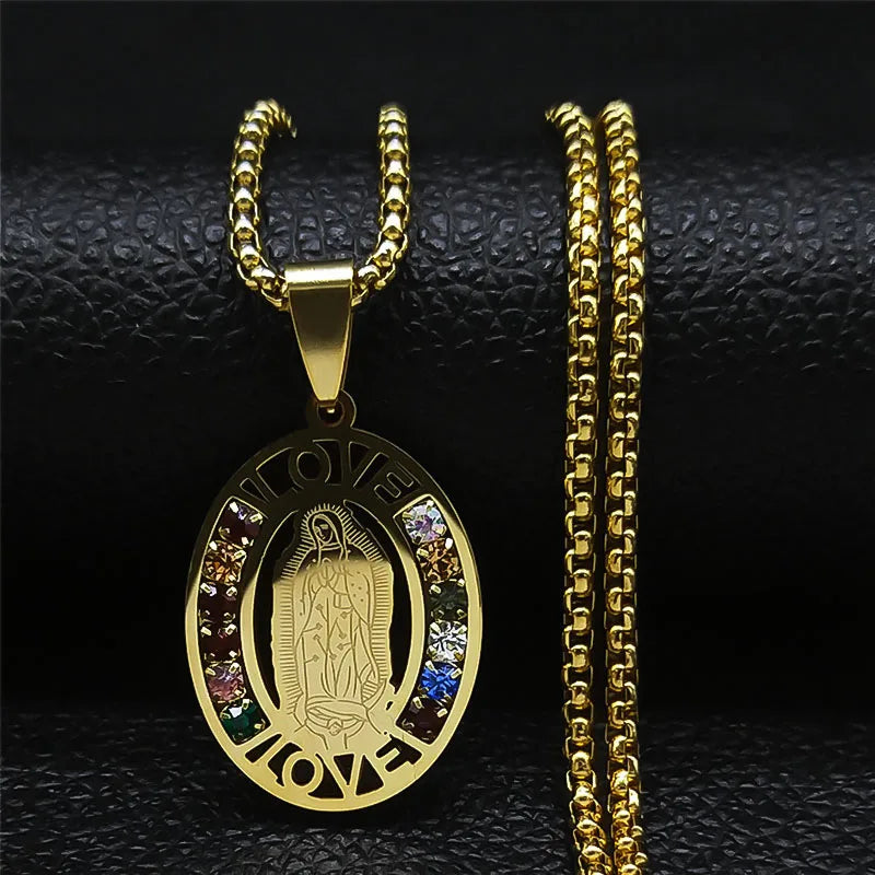 Catholic Jesus Cross Stainless Steel Necklace Saint Benedict Crystal Virgin Mary Pendant Crucifix Male Necklaces Jewelry cruz