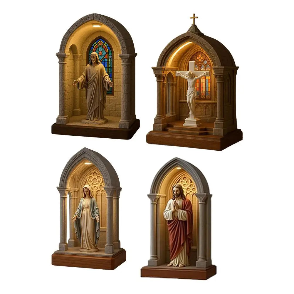 Jesus Statue Virgin Mary Resin Ornament 6" Figurine with Light Ideal Religious Gift for Baptisms Communions Wedding
