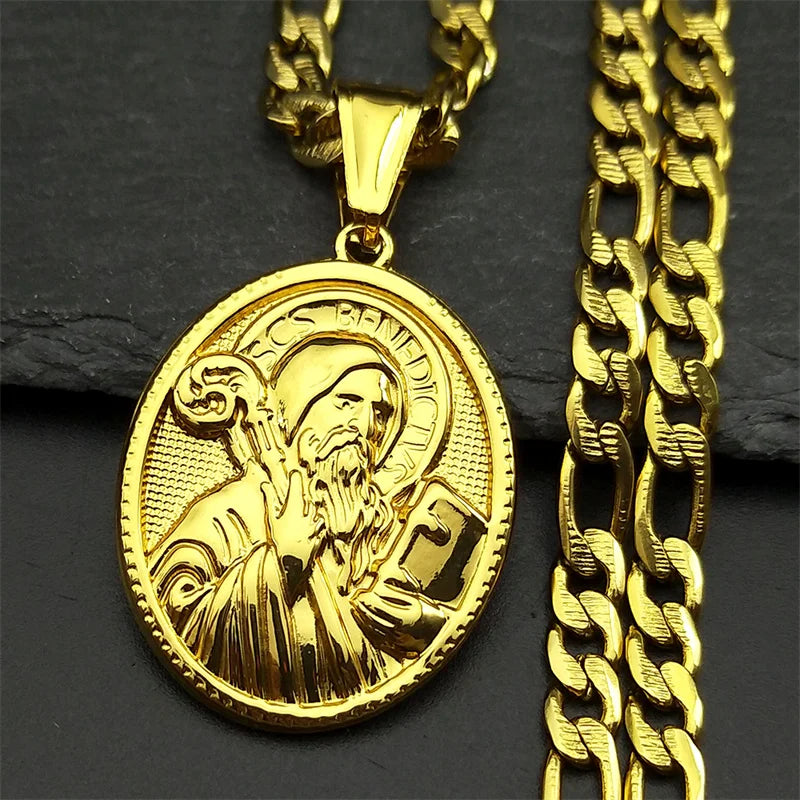 Jesus Crown of thorns Men's Necklace Stainless Steel Gold Color Chain Crucifix Medal Male Neckalces Religious Jewelry NZZ460S05