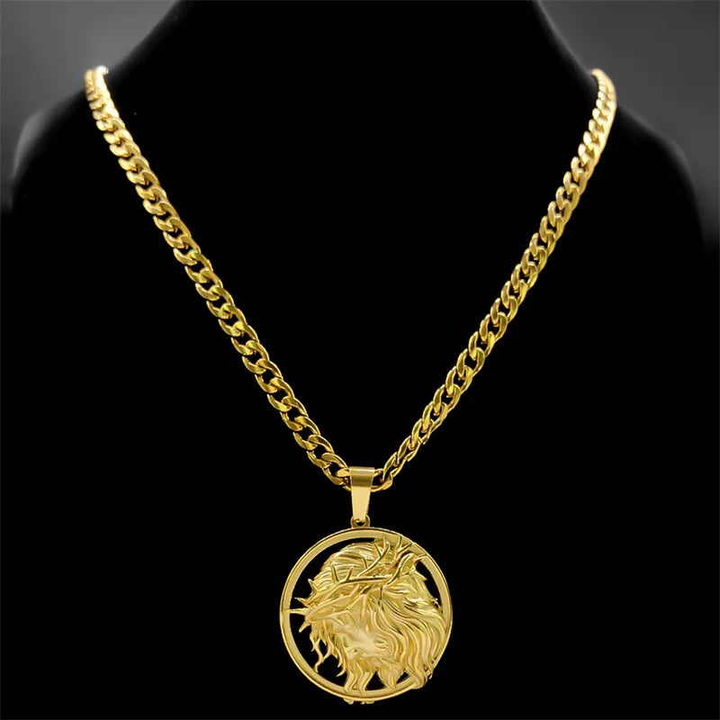 Jesus Crown of thorns Men's Necklace Stainless Steel Gold Color Chain Crucifix Medal Male Neckalces Religious Jewelry NZZ460S05