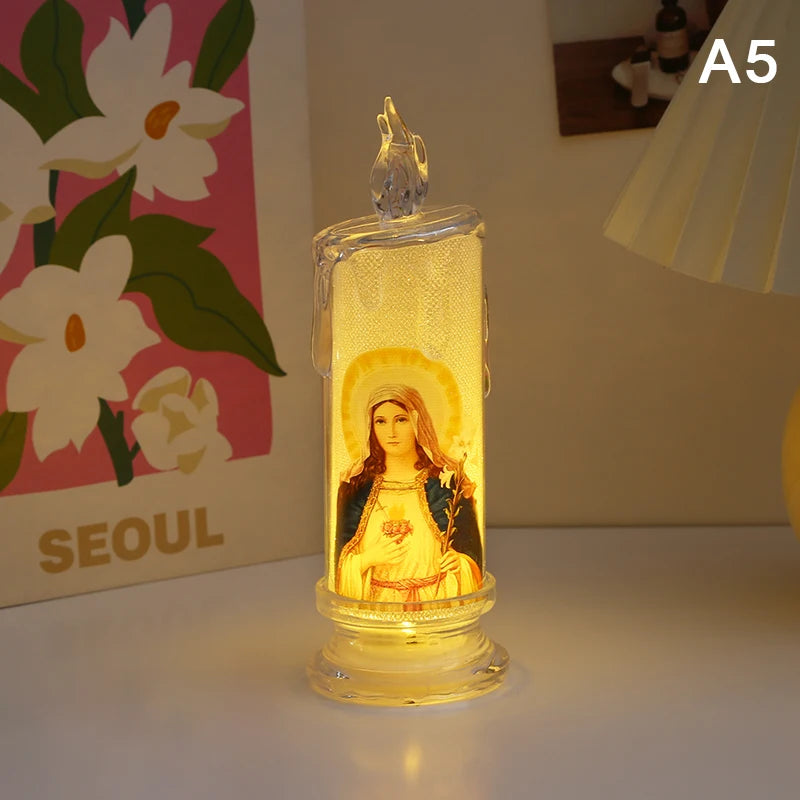 Jesus Virgin Christ Candle Lamp Romantic Flameless LED Prayer Candle Tea Light Religious Decorative Night Light Desktop Ornament