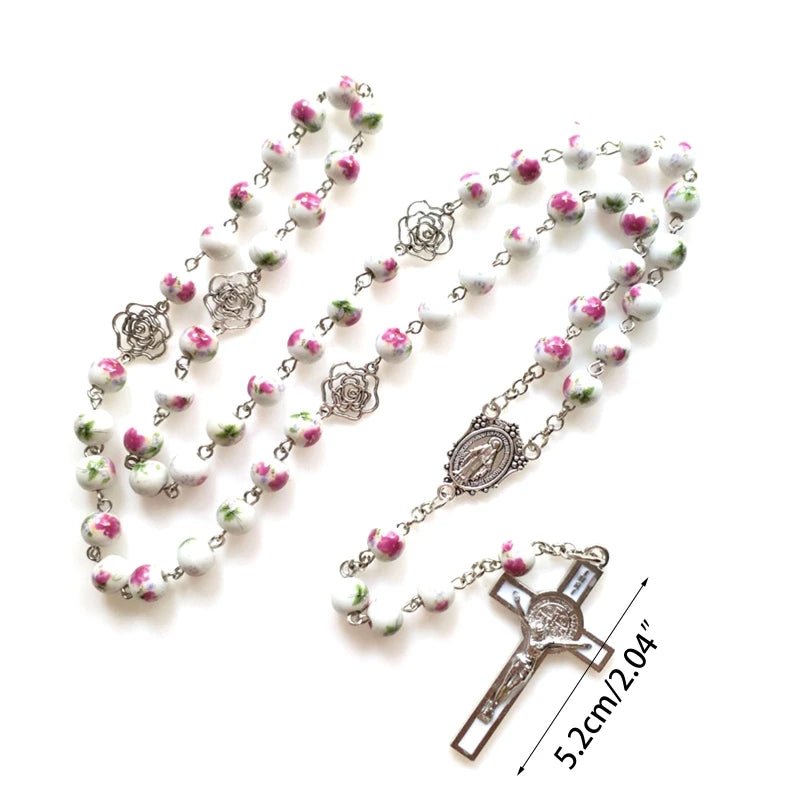 Rosary Glass Beads Catholic Necklace with Jesus Crucifix for Cross, First Communion Gifts, Confirmation Gifts for Te