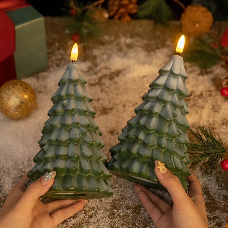 Christmas Tree Shaped LED Candles, Flameless Pillar Candles, Battery Operated LED Candle With 3D Flame Wick, Green Candles