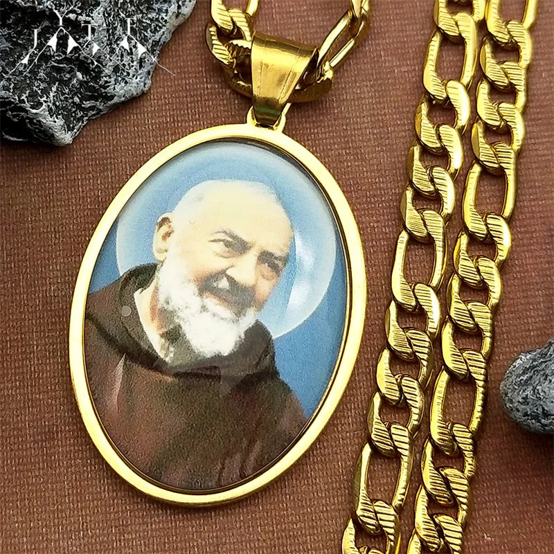 Catholic Padre Pio Saint Father Glass Medal Pendant Necklace for Women Men Stainless Steel Gold Color Religious Amulet Jewelry
