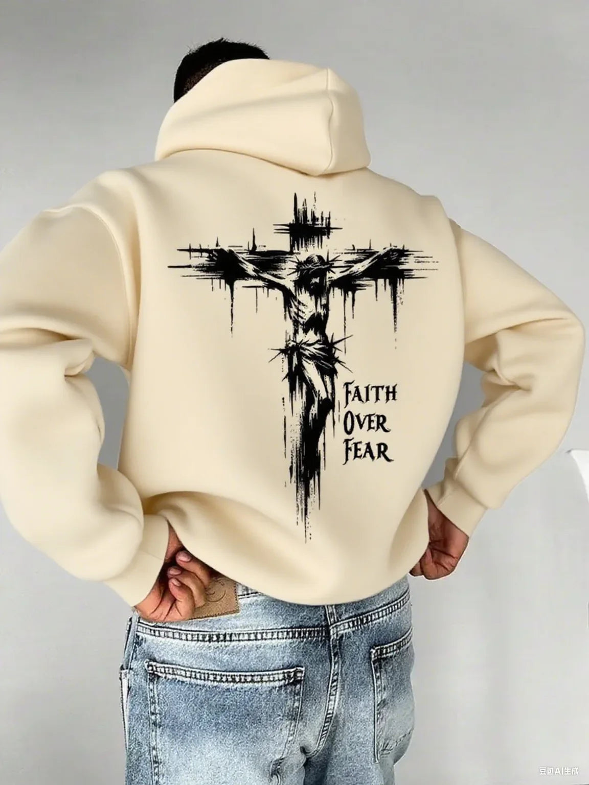 A men's hoodie with the words "Christian faith Overcomes fear" printed on it features a cross-shaped design on the back