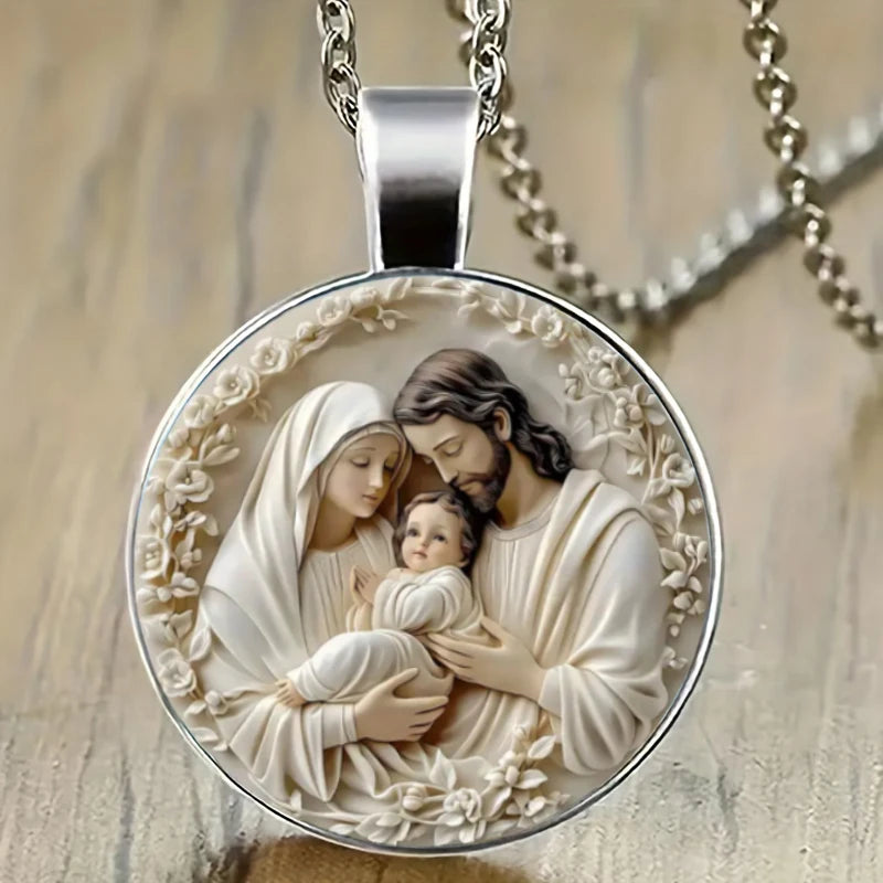 The Holy Family Glass Pendant Necklace Catholic Saint Joseph Virgin Mary Jesus Necklace Jewelry Christmas Gifts