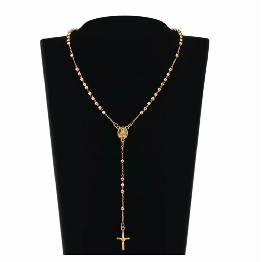 Stainless Steel Rosary Beads Crucifix Jesus Pendant Necklace Catholic Medalla Milagrosa Medal Center Necklace Women Men Jewelry