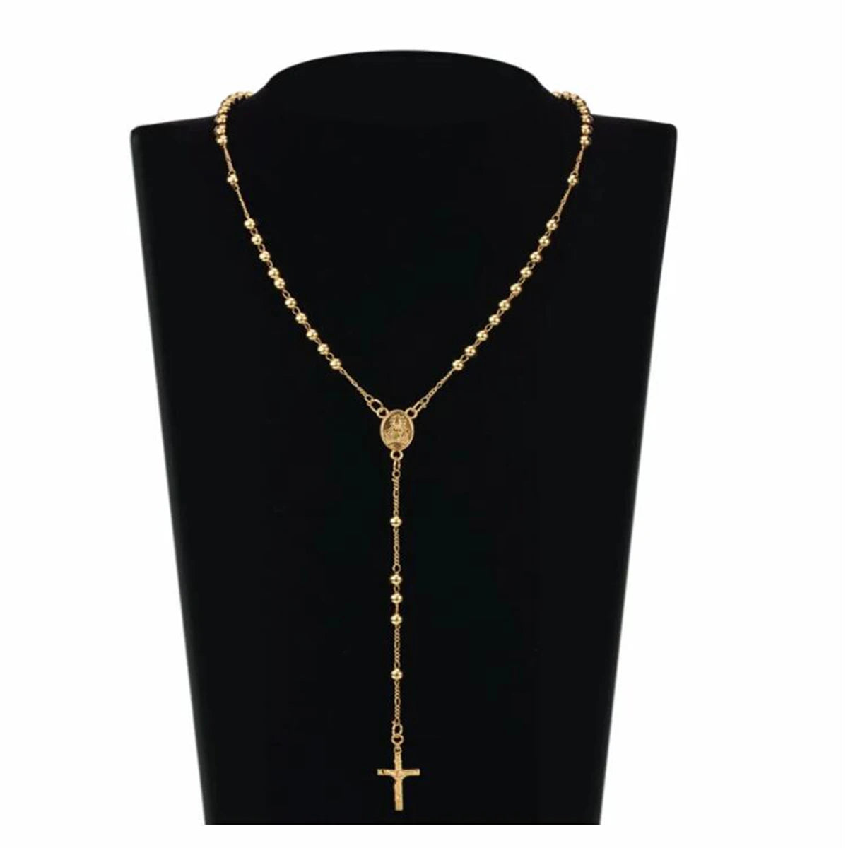 Stainless Steel Rosary Beads Crucifix Jesus Pendant Necklace Catholic Medalla Milagrosa Medal Center Necklace Women Men Jewelry